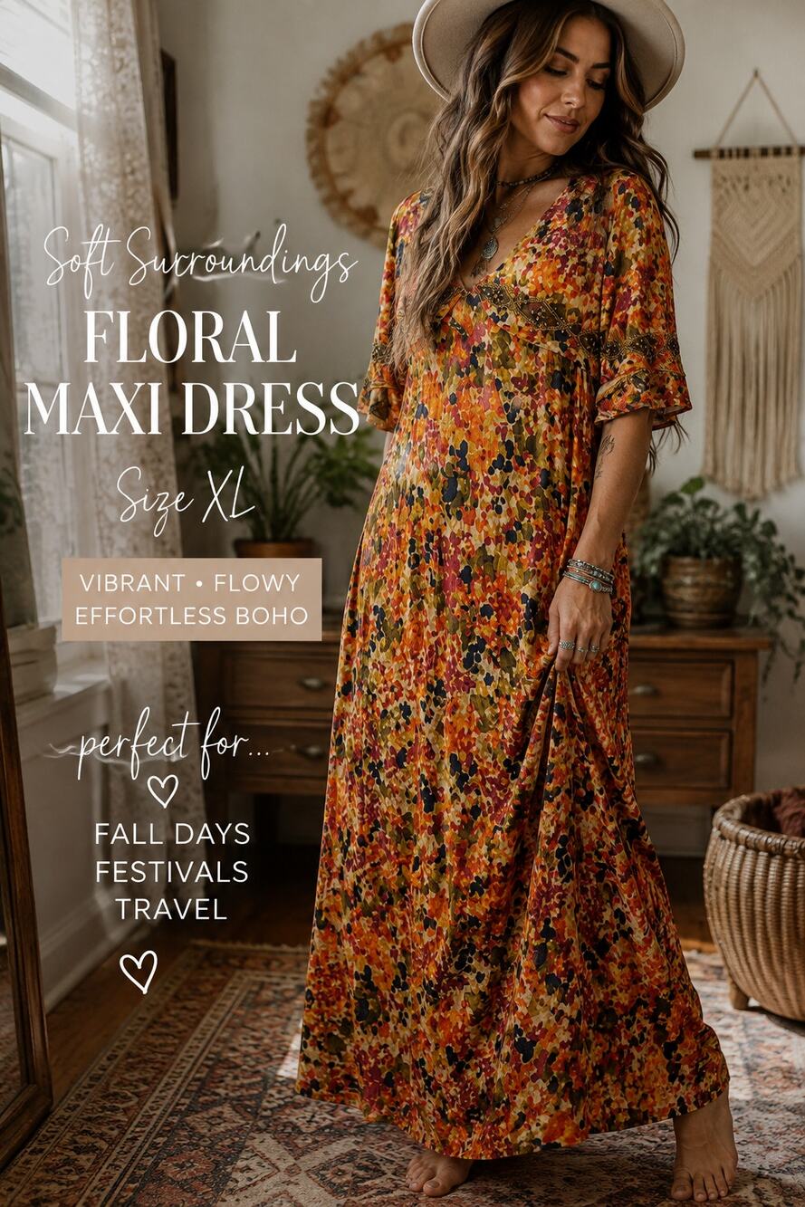New Soft Surroundings Floral Beaded Cape Maxi Dress XL Boho Fall Festival Artsy